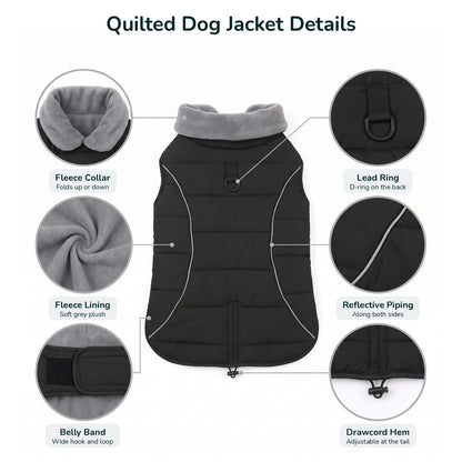 Quilted dog jacket details: fleece collar, fleece lining, belly band, lead ring, reflective piping, drawcord hem