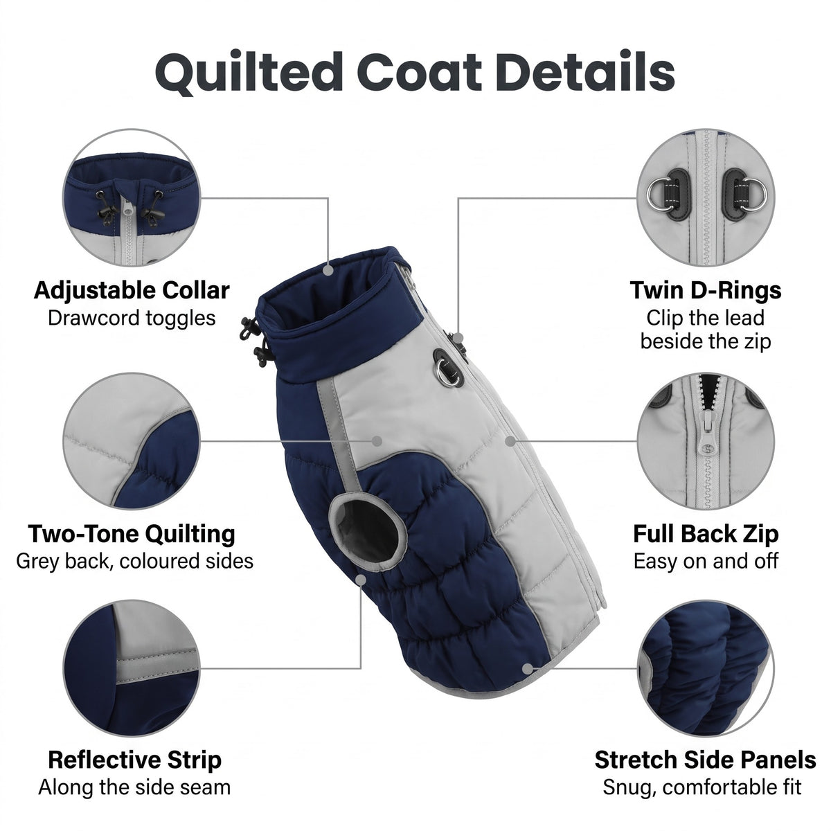 Two tone quilted dog coat details: two tone quilting, adjustable collar, twin D-rings, back zip, reflective strip and stretch side panels