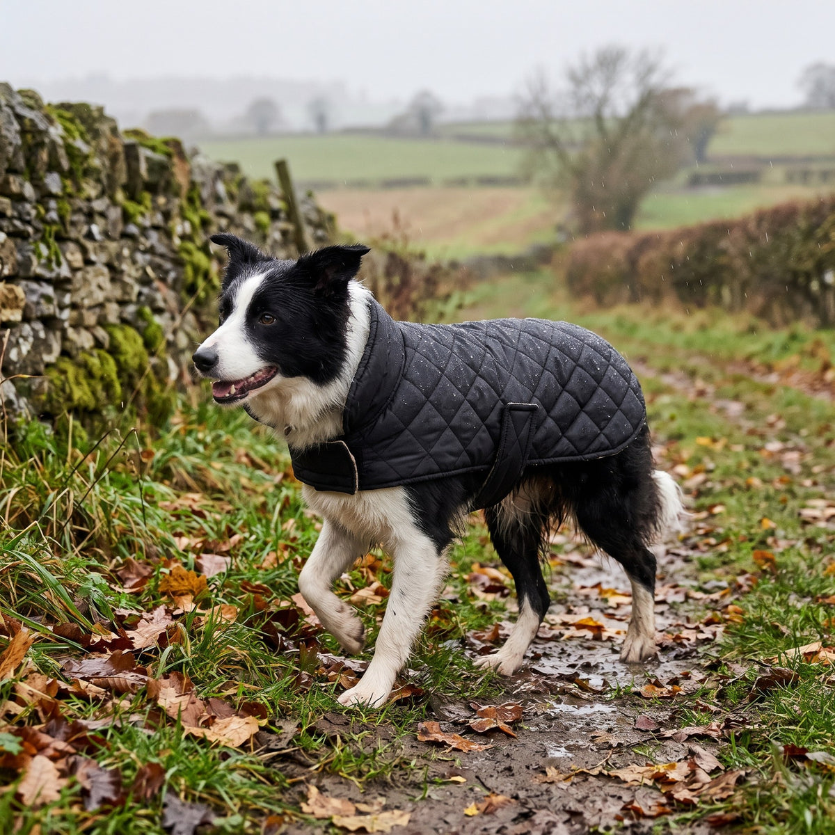 Border Collie wearing the reversible dog coat with the black quilted side out on a rainy country walk