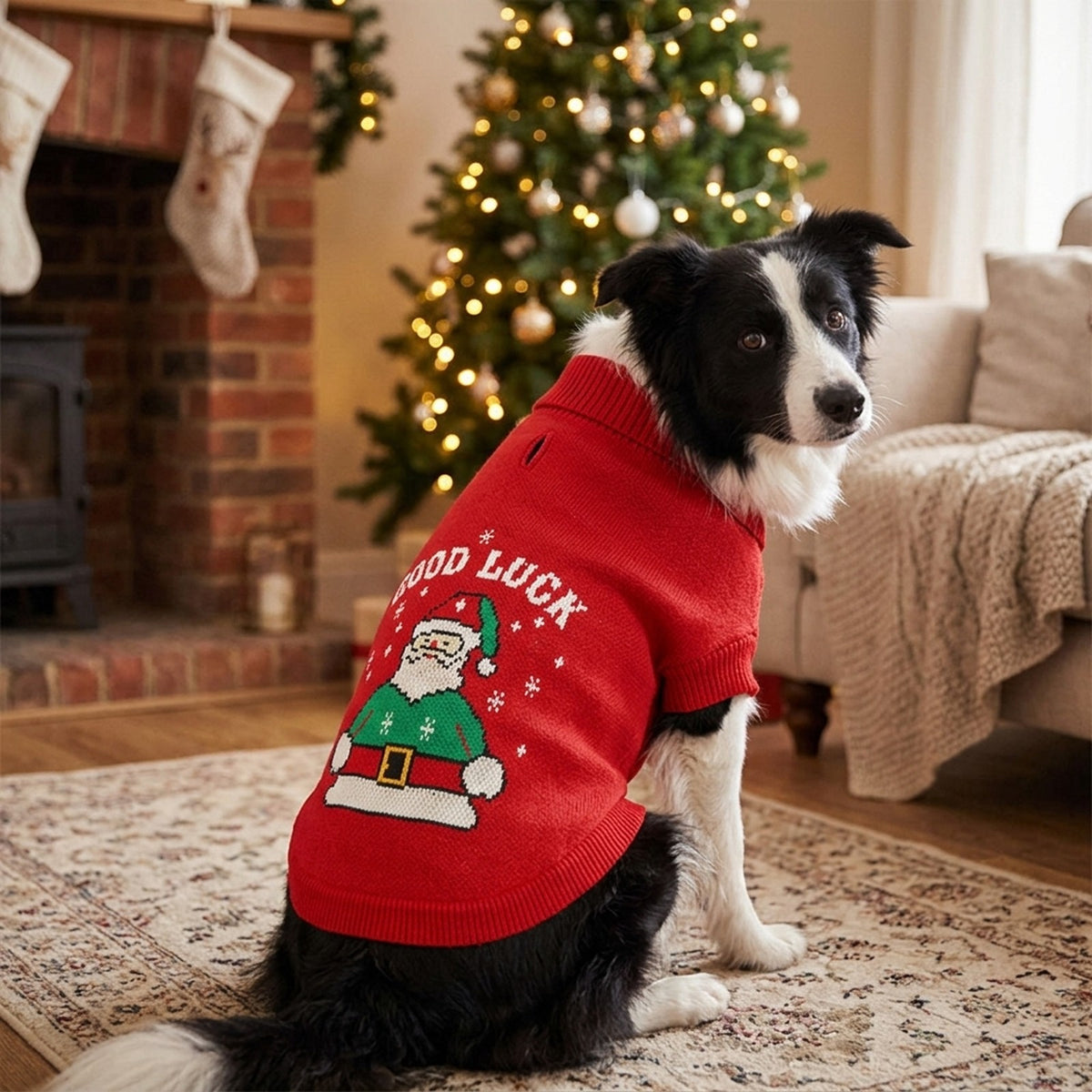 Border Collie in the red Santa Christmas dog jumper by the Christmas tree