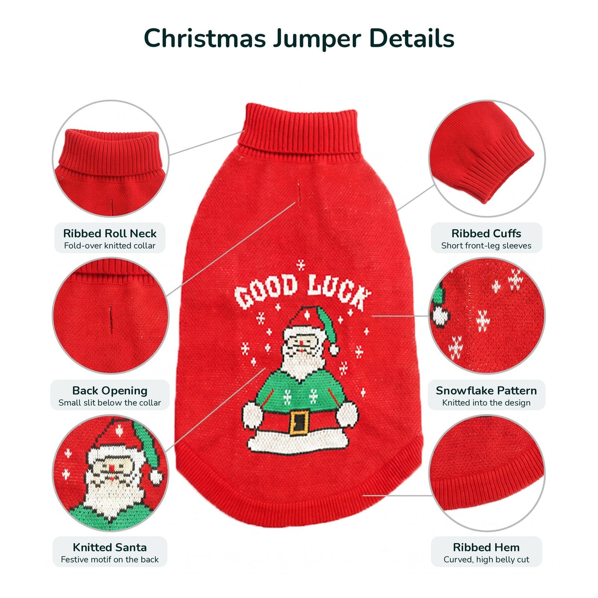 Red Christmas dog jumper details: ribbed roll neck, back opening, knitted Santa, ribbed cuffs, snowflakes, ribbed hem