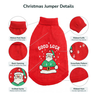 Red Christmas dog jumper details: ribbed roll neck, back opening, knitted Santa, ribbed cuffs, snowflakes, ribbed hem