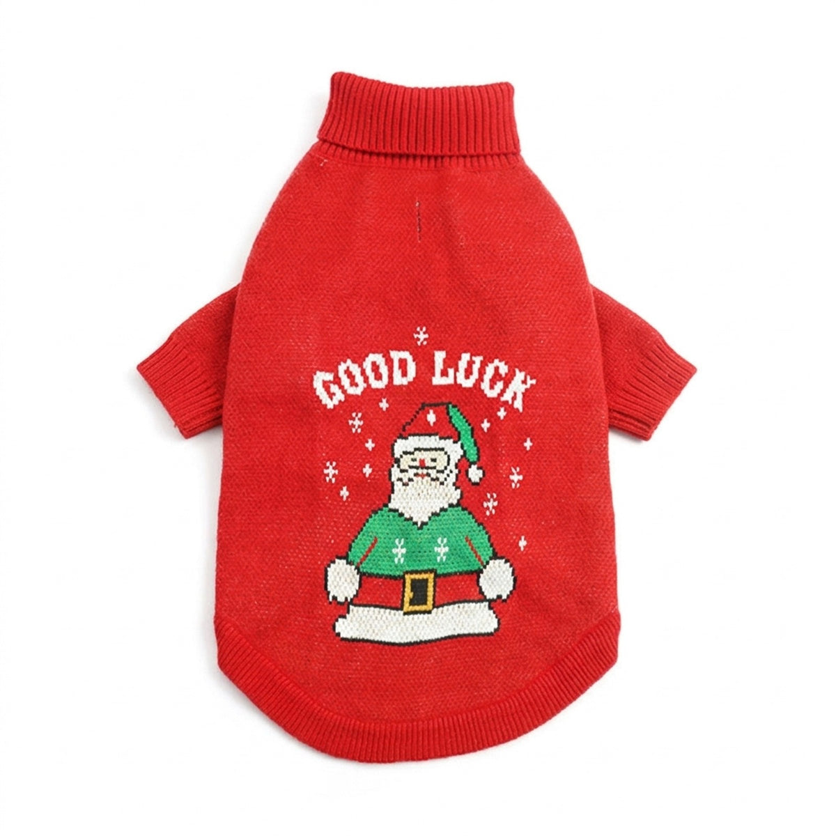 Back of the red Christmas dog jumper showing the knitted Santa, snowflakes and roll neck
