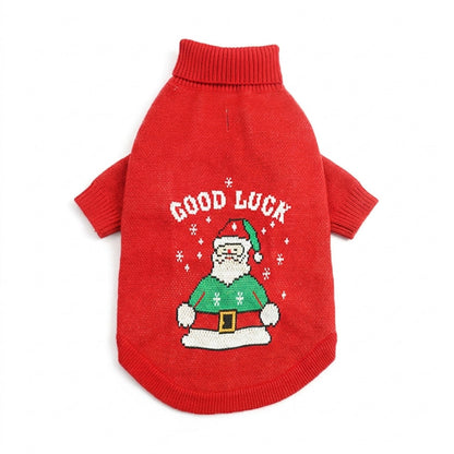 Back of the red Christmas dog jumper showing the knitted Santa, snowflakes and roll neck