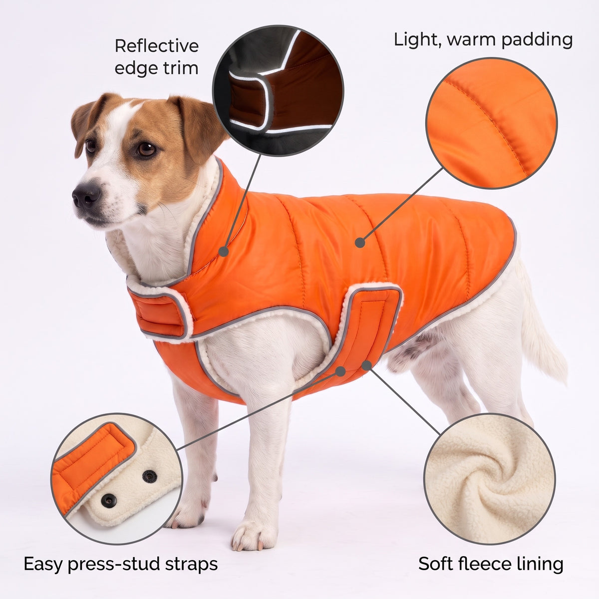 Dog coat features – reflective edge trim, soft fleece lining, press-stud straps, light padding