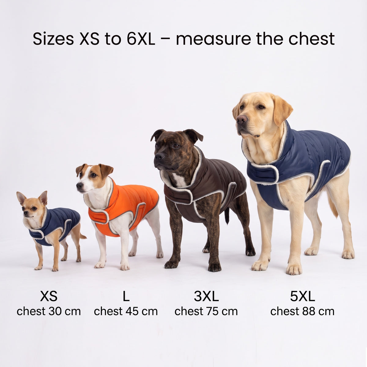 Dog coat size guide XS to 6XL – Chihuahua, Jack Russell, Staffie and Labrador by chest size