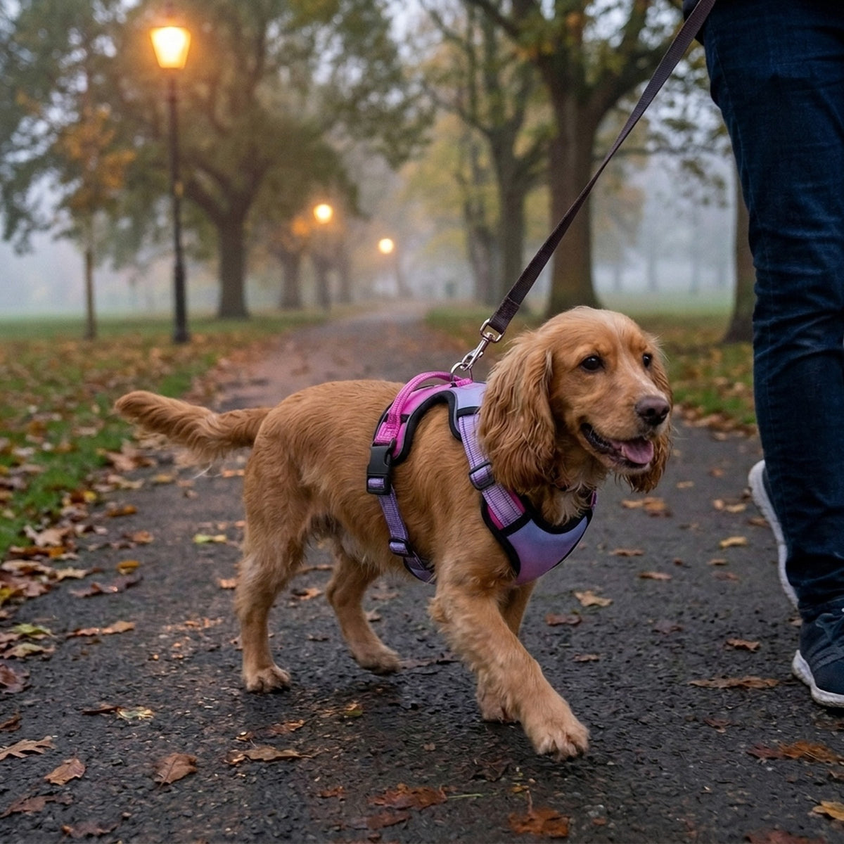 Cocker Spaniel in a Pink Purple reflective dog harness on an evening park walk