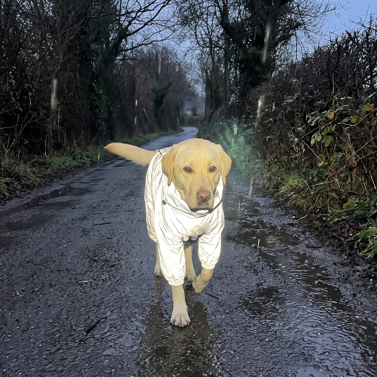 Labrador in a reflective dog rain suit catching torchlight on a wet country lane at dusk