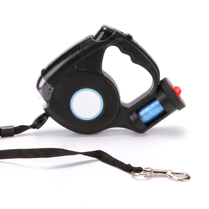 Black retractable dog lead with built in torch and poo bag holder