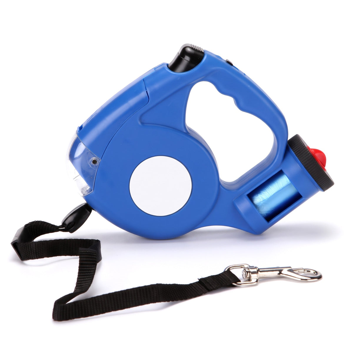 Blue retractable dog lead with built in torch and poo bag holder