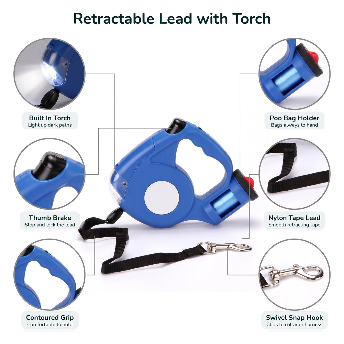 Retractable dog lead details: built in torch, thumb brake, contoured grip, poo bag holder, nylon tape lead, swivel snap hook