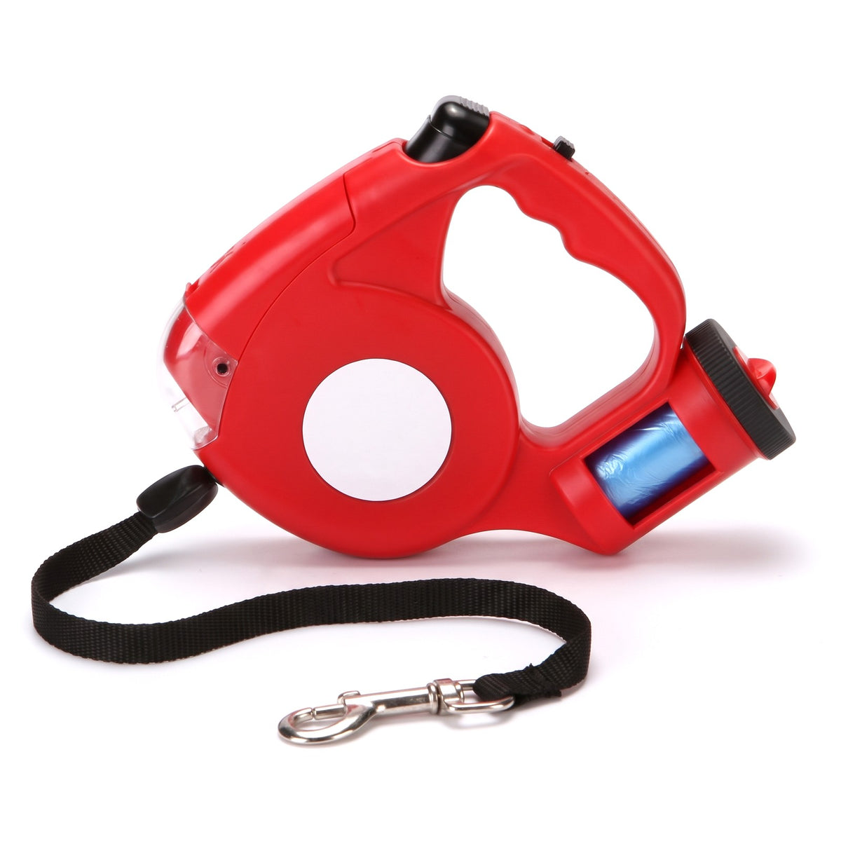 Red retractable dog lead with built in torch and poo bag holder