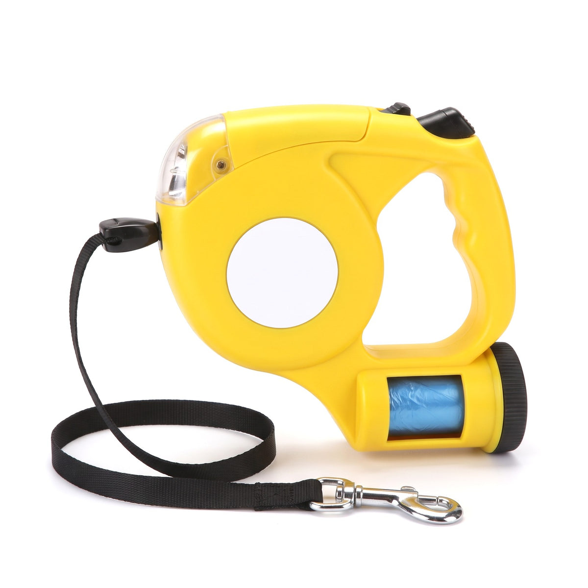 Yellow retractable dog lead with built in torch and poo bag holder