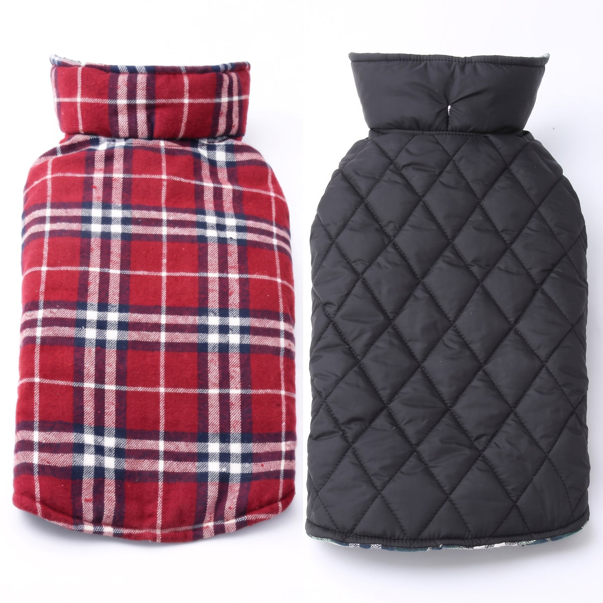 Reversible dog coat shown on both sides: red tartan and black quilted water-resistant side