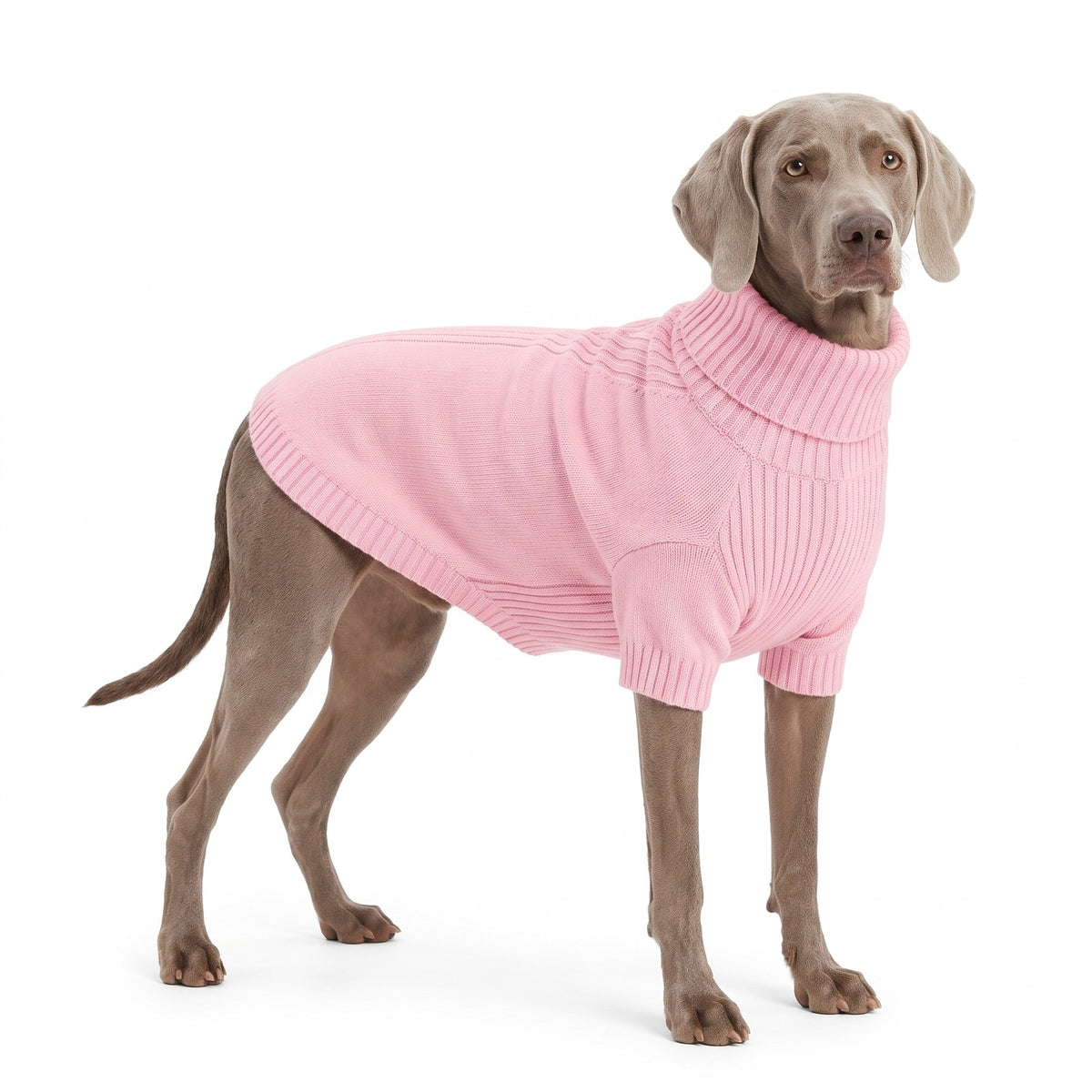 Weimaraner wearing the baby pink roll neck knitted dog jumper