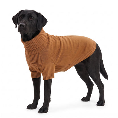 Black Labrador wearing the caramel roll neck knitted dog jumper