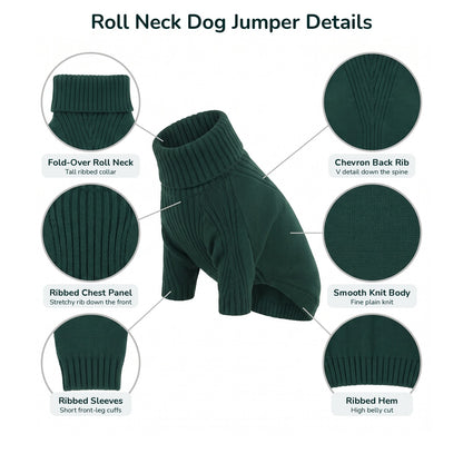Roll neck dog jumper details: fold-over roll neck, ribbed chest panel, ribbed sleeves, chevron back rib, smooth knit body, ribbed hem