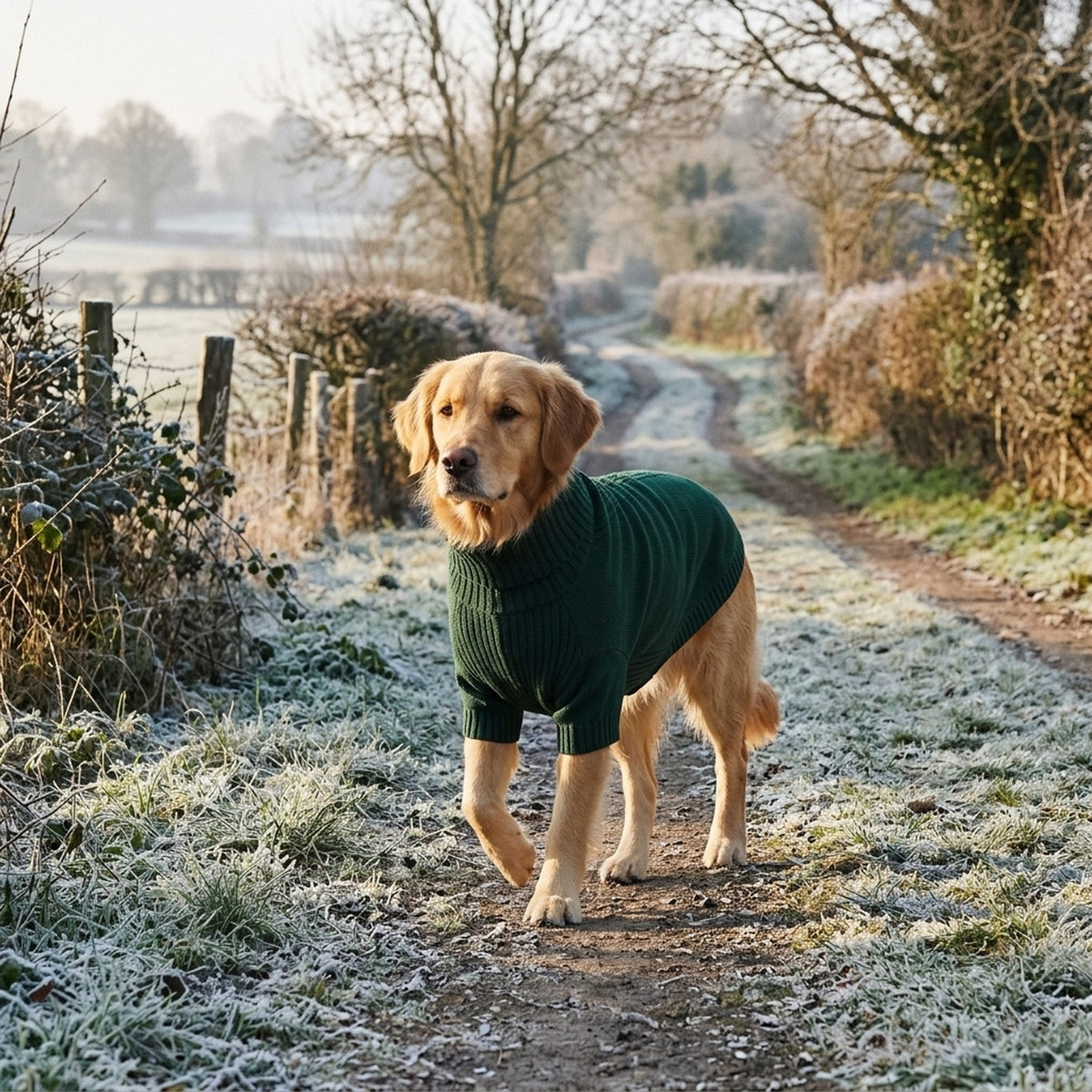 Golden Retriever in the bottle green roll neck dog jumper on a frosty country lane