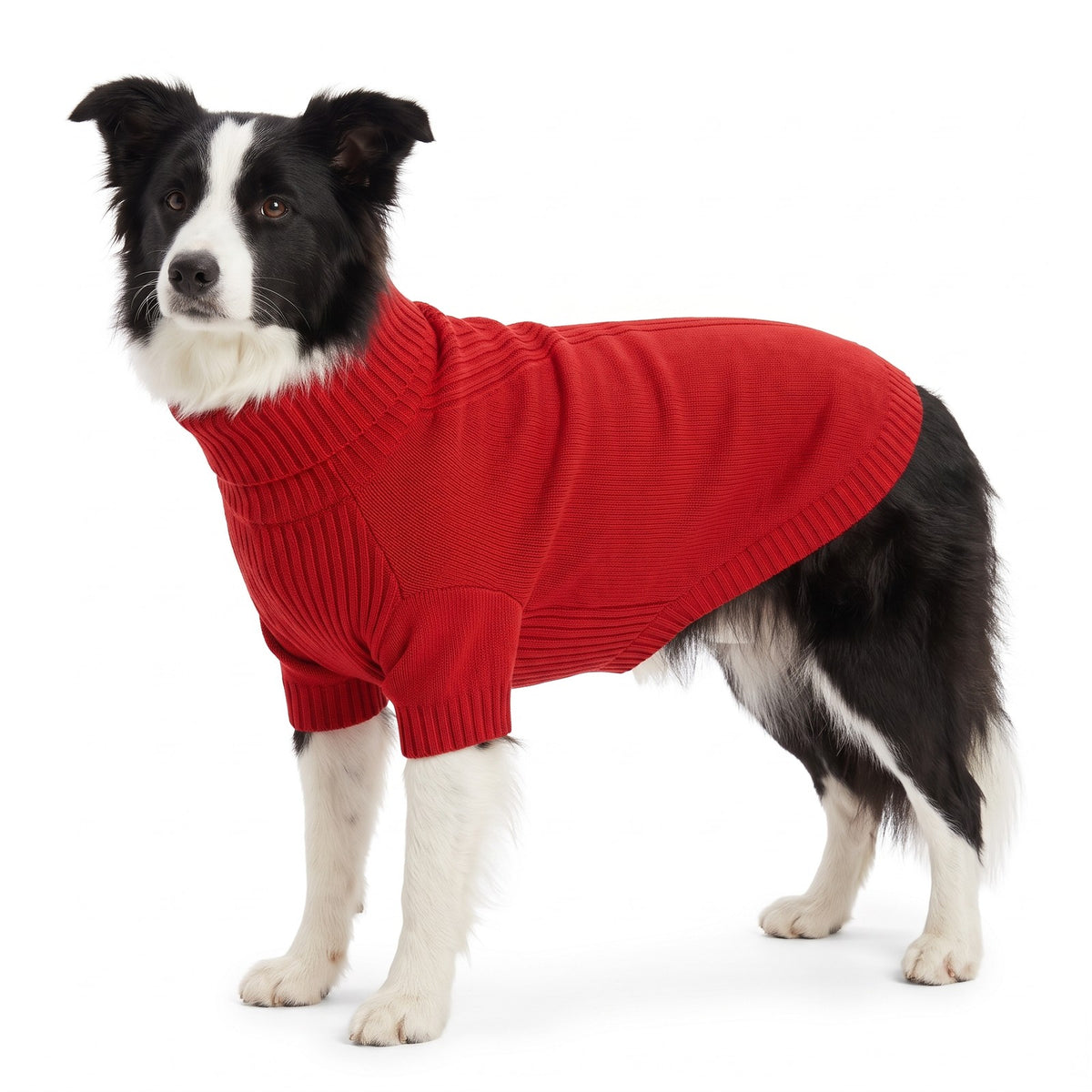 Border Collie wearing the red roll neck knitted dog jumper