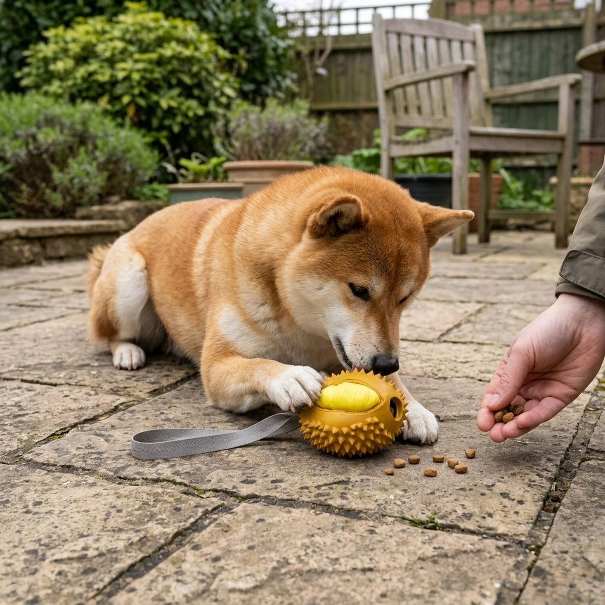 Shiba Inu playing with the durian treat dog toy on a patio