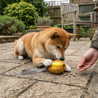 Shiba Inu playing with the durian treat dog toy on a patio
