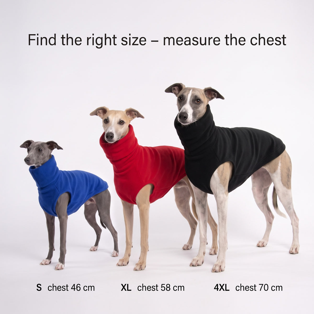 Sighthound jumper size guide – Italian Greyhound S, Whippet XL, Lurcher 4XL by chest size