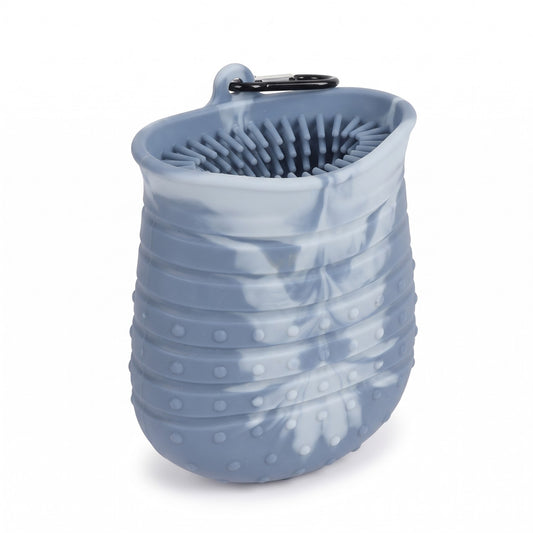 Blue silicone dog paw washer cup with carabiner clip