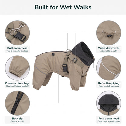 Dog raincoat with legs details: built-in harness, elastic cuffs, back zip, waist drawcords, reflective piping, fold down hood