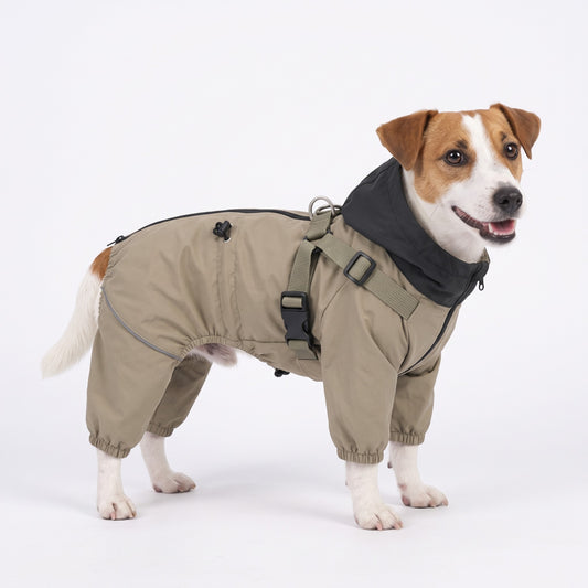 Dog raincoat with legs and built-in harness in Khaki on a Jack Russell