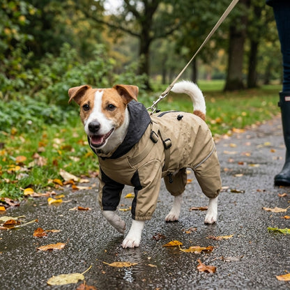 Small dog in a Khaki four leg raincoat on a lead in a rainy park