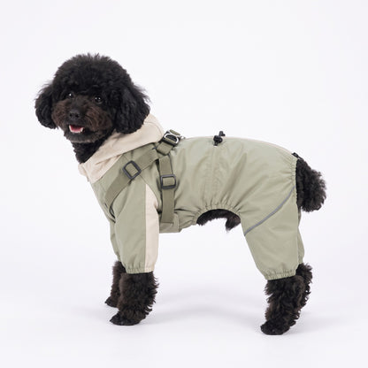 Dog raincoat with legs and built-in harness in Sage Green on a Miniature Poodle