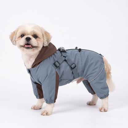 Dog raincoat with legs and built-in harness in Slate Blue on a Shih Tzu