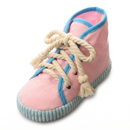 Baby pink high top sneaker squeaky dog toy with duck egg blue sole