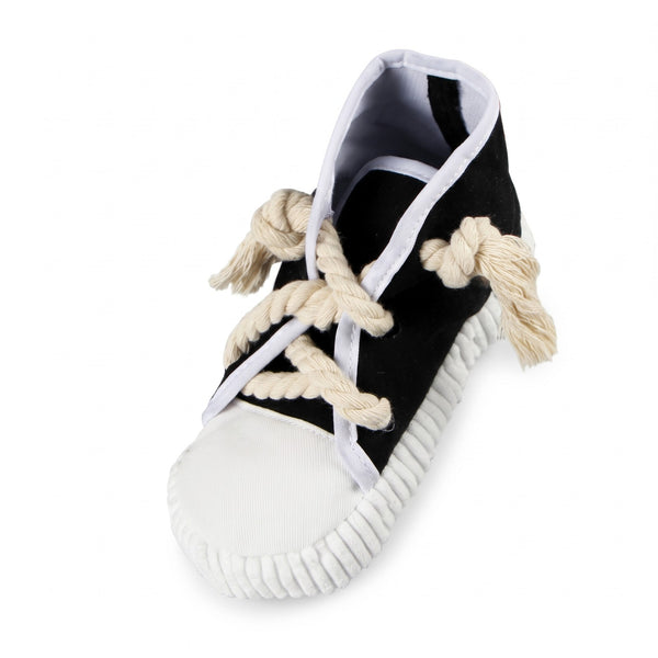 Black high top sneaker squeaky dog toy with cream rope laces