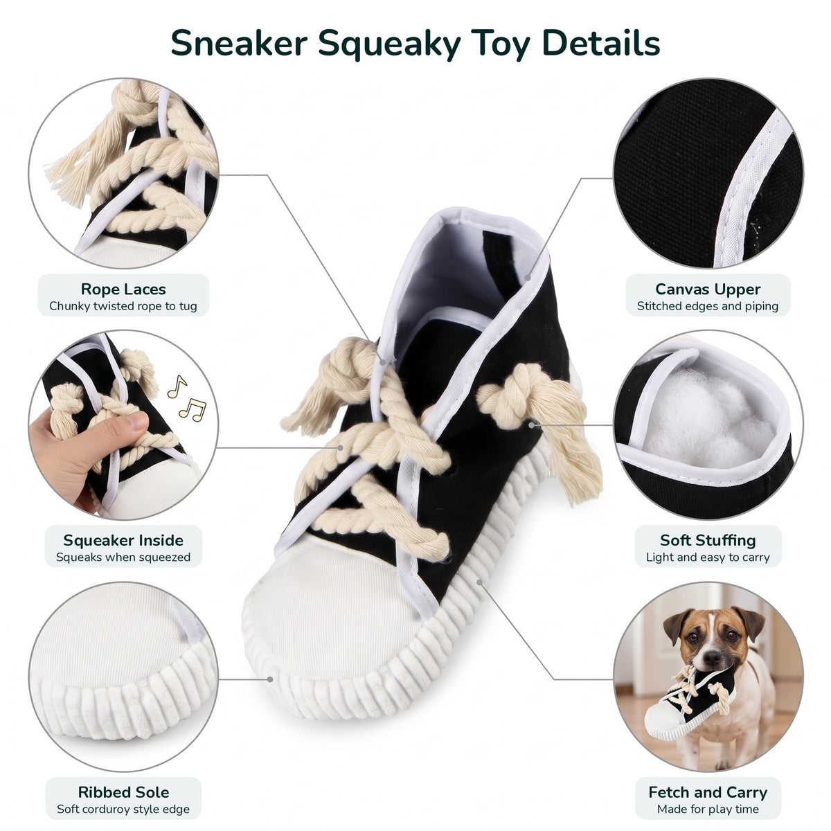 Sneaker squeaky dog toy details: rope laces, squeaker, ribbed sole, canvas upper, soft stuffing