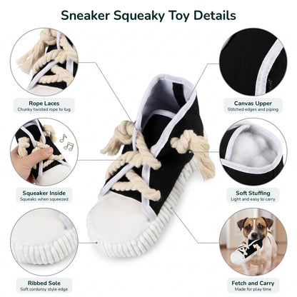 Sneaker squeaky dog toy details: rope laces, squeaker, ribbed sole, canvas upper, soft stuffing