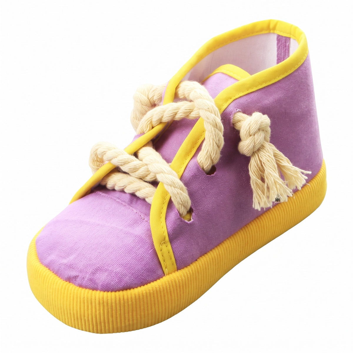 Lilac high top sneaker squeaky dog toy with yellow sole