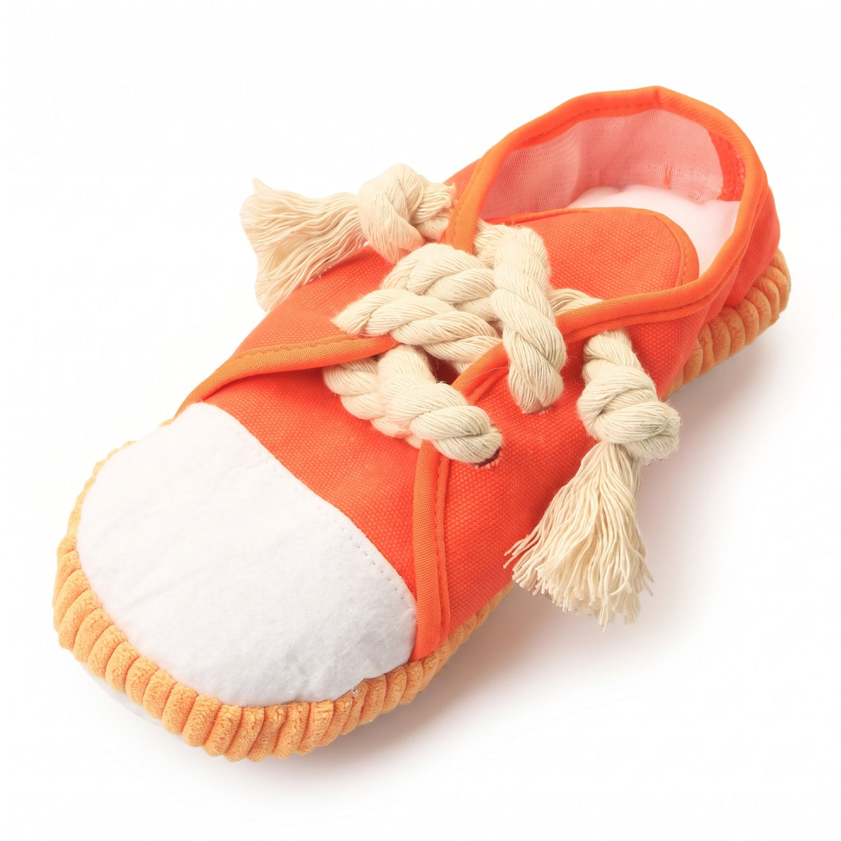 Orange low top sneaker squeaky dog toy with white toe cap