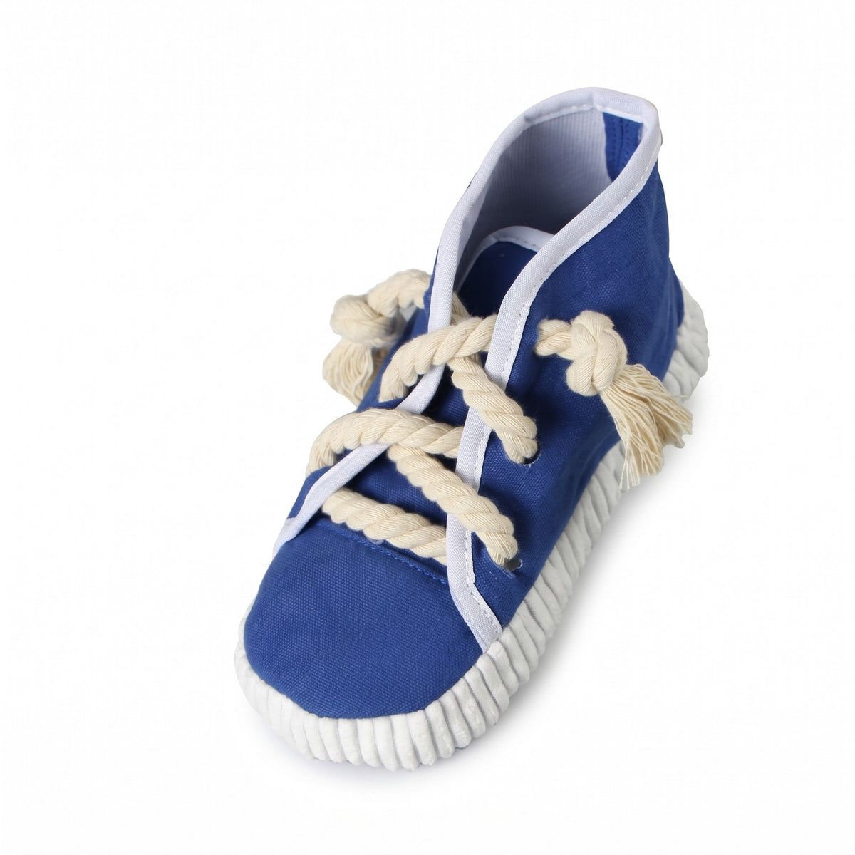 Royal blue high top sneaker squeaky dog toy with rope laces