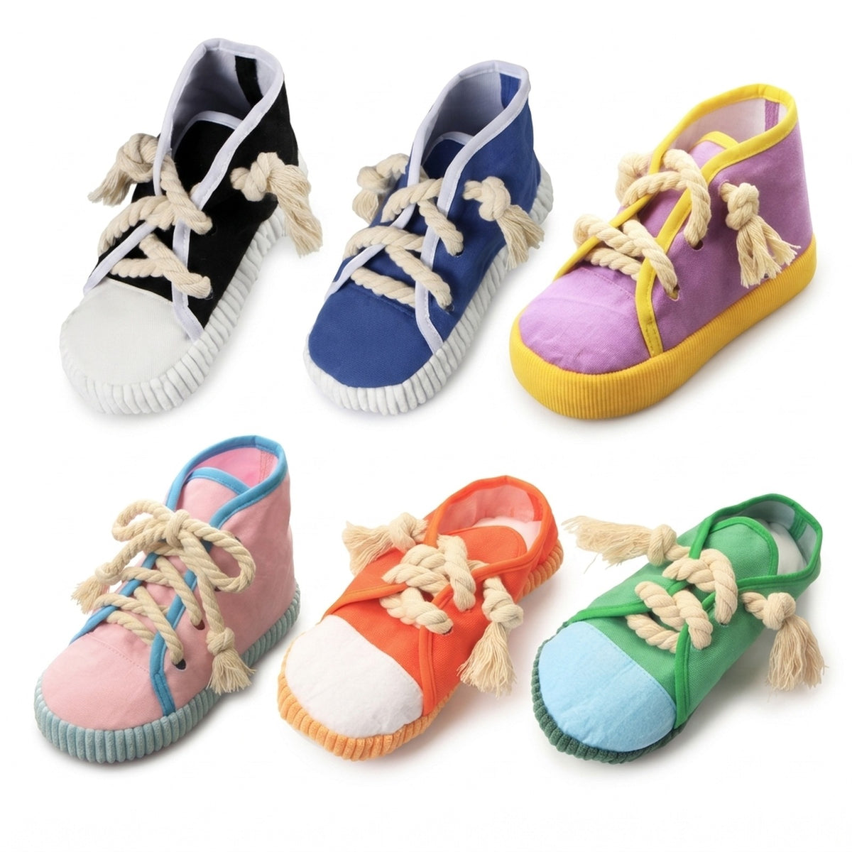 Six colours of the plush sneaker squeaky dog toy in high top and low top styles