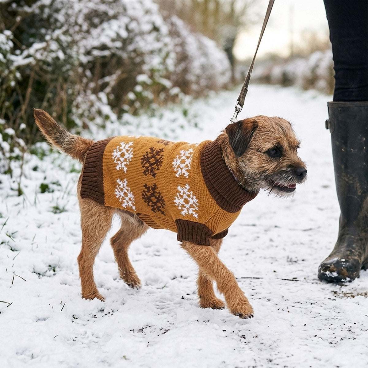 Border Terrier wearing the Caramel snowflake dog jumper on a snowy countryside walk