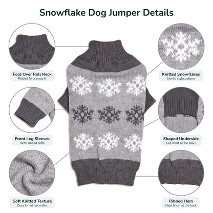 Snowflake dog jumper details: fold over roll neck, front leg sleeves, soft knitted texture, knitted snowflakes, shaped underside, ribbed hem