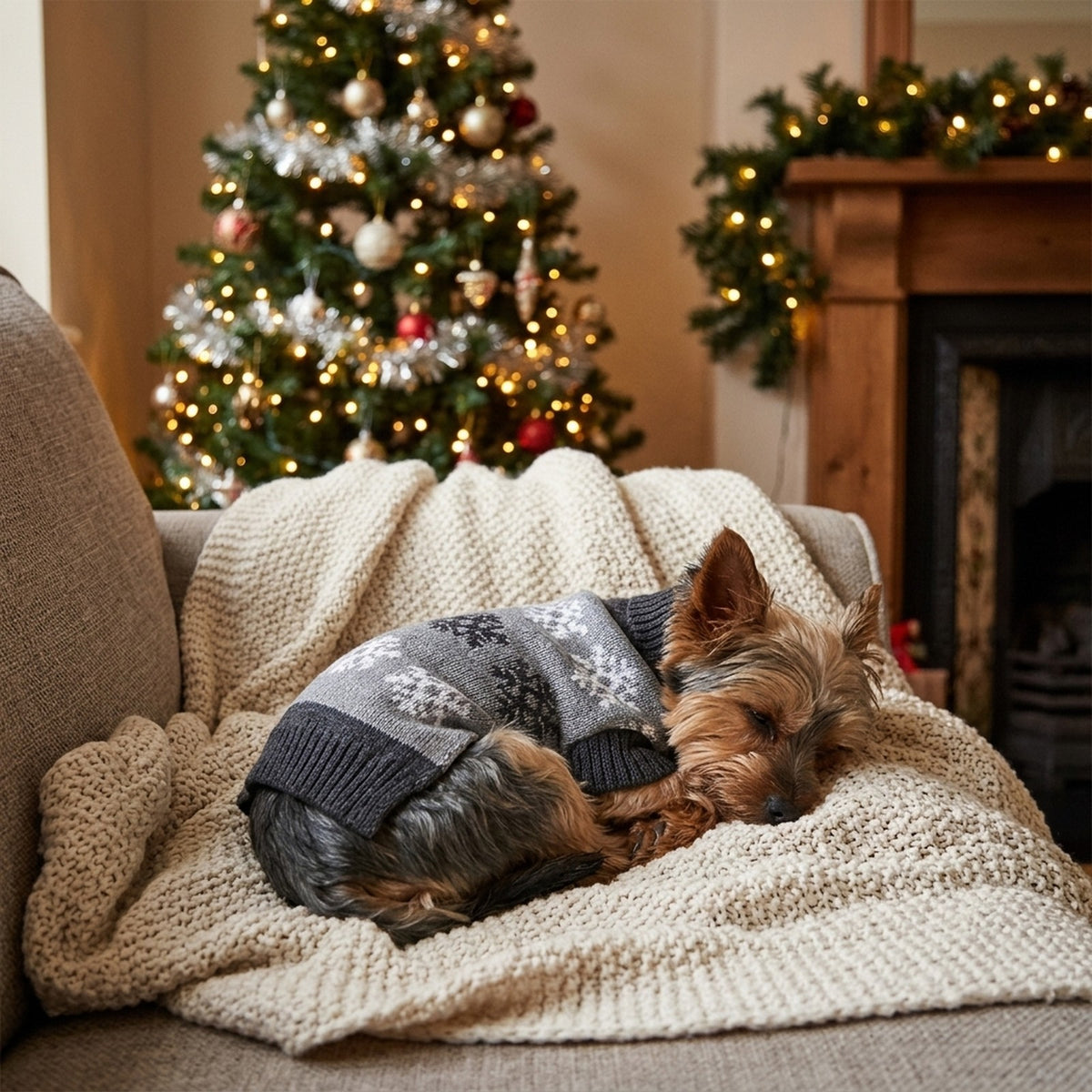 Yorkshire Terrier in the Grey snowflake jumper curled up on a sofa by the Christmas tree