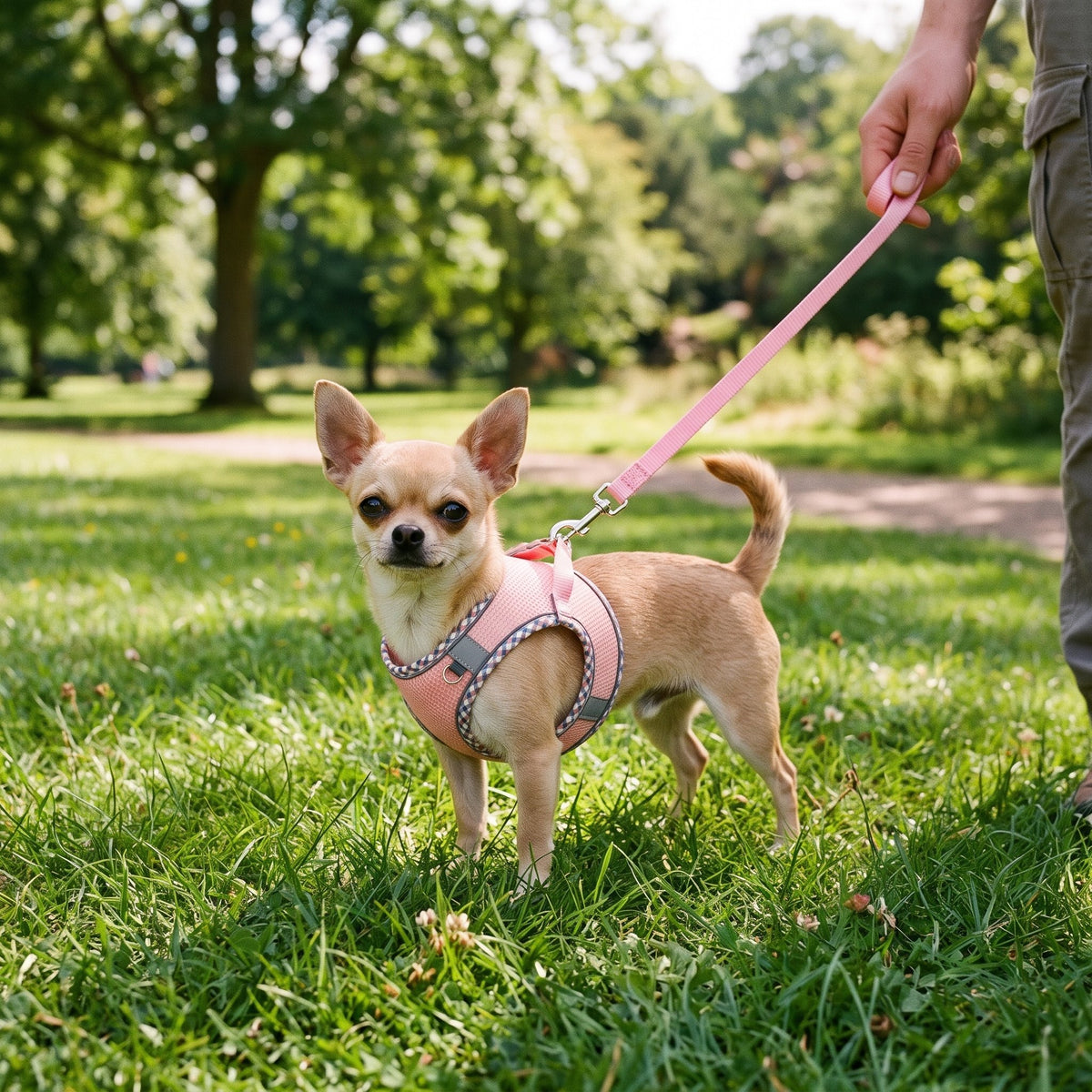 Step In Mesh Dog Harness and Lead Set in use outdoors