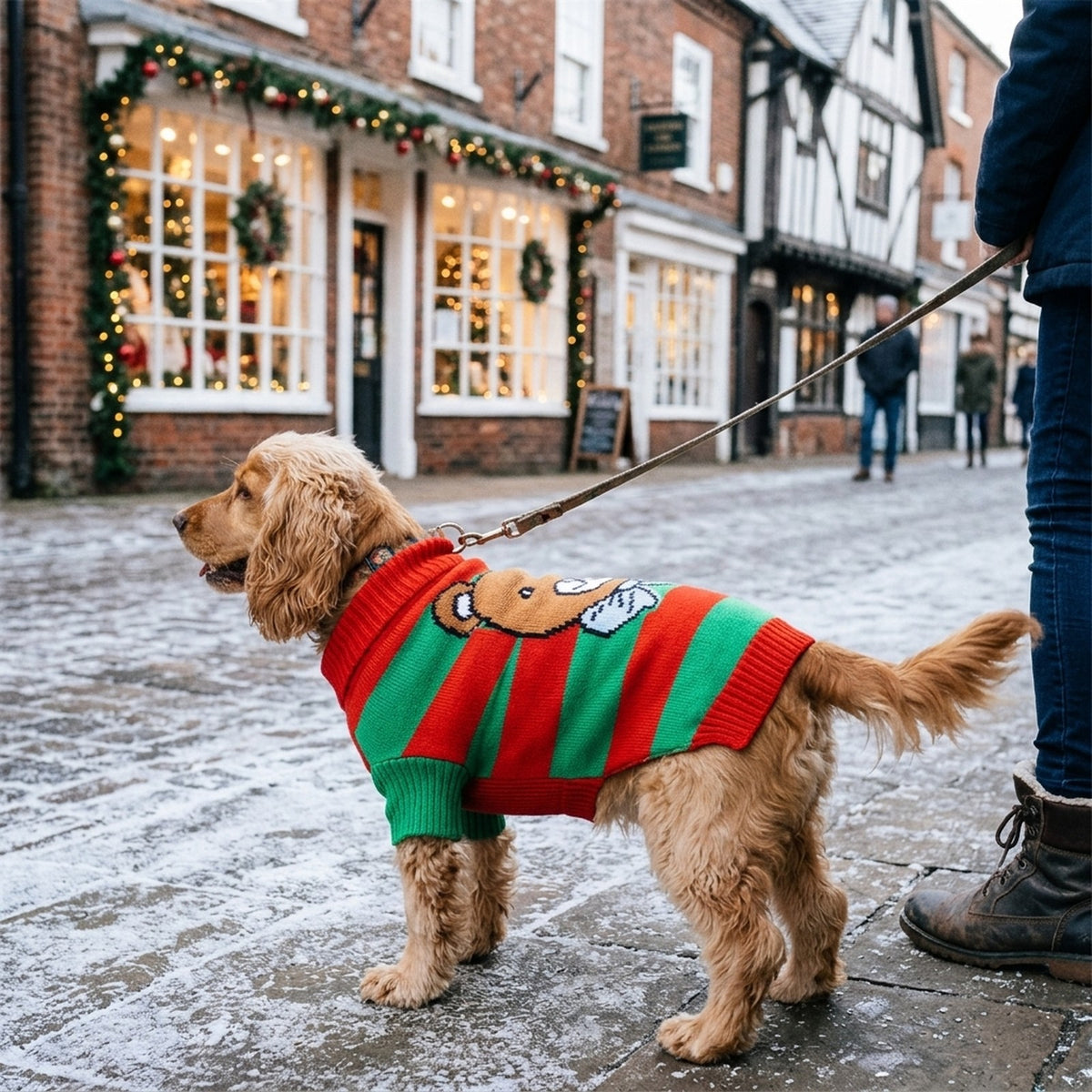 Cocker Spaniel wearing the striped Christmas dog jumper on a festive town street
