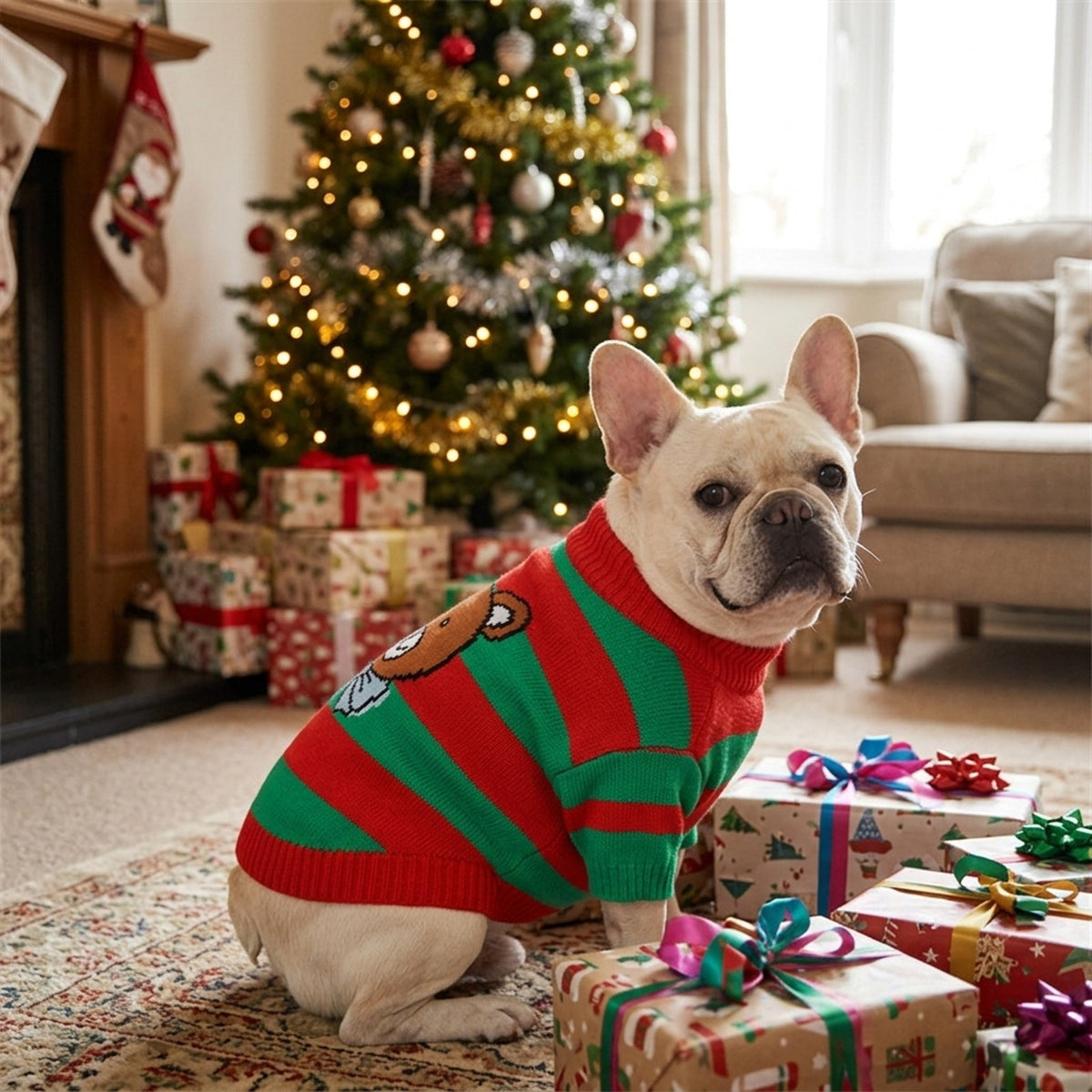 French Bulldog in the striped Christmas jumper among presents by the Christmas tree