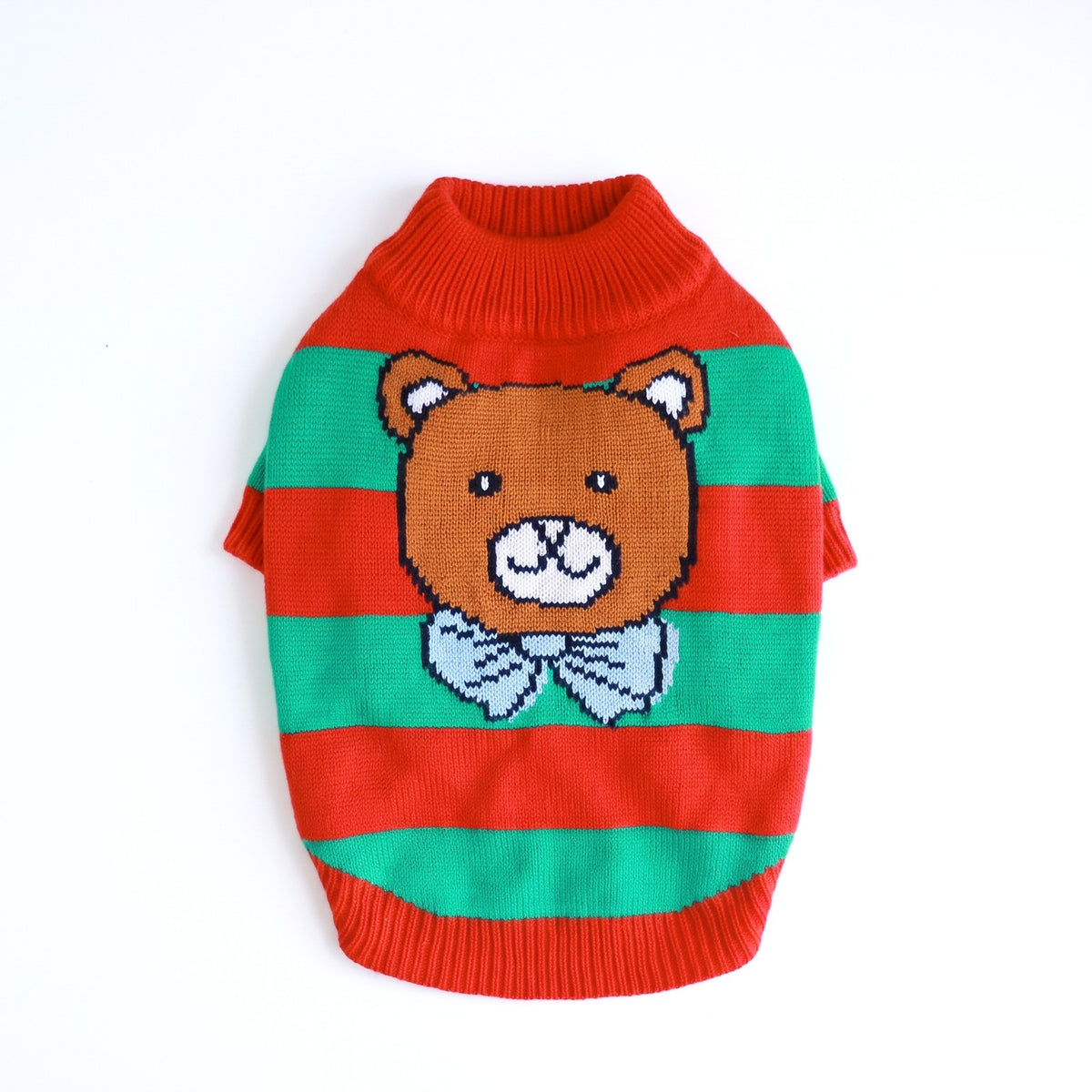 Striped Christmas dog jumper laid flat, showing the knitted teddy bear with blue bow tie