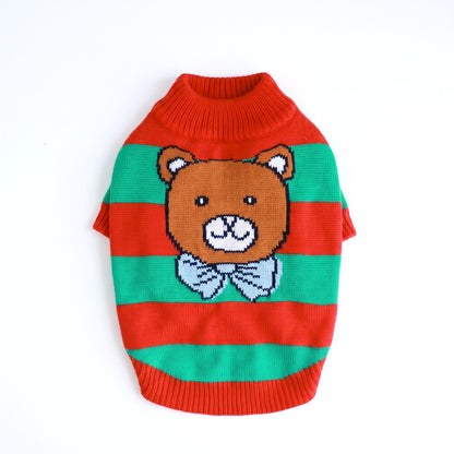Striped Christmas dog jumper laid flat, showing the knitted teddy bear with blue bow tie