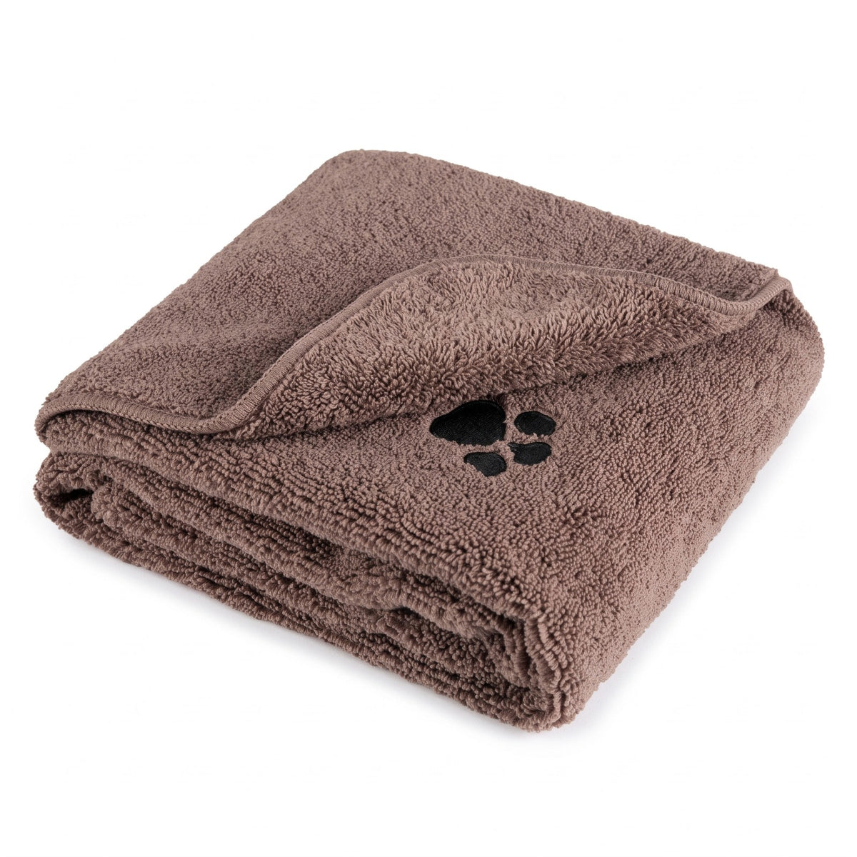Brown thick microfibre dog towel with embroidered paw print