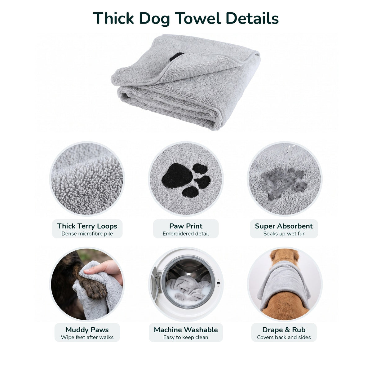 Thick dog towel features infographic